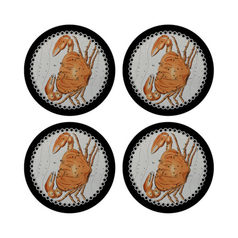 Zodiac Cancer White Vegan Leather Round Coasters, Black