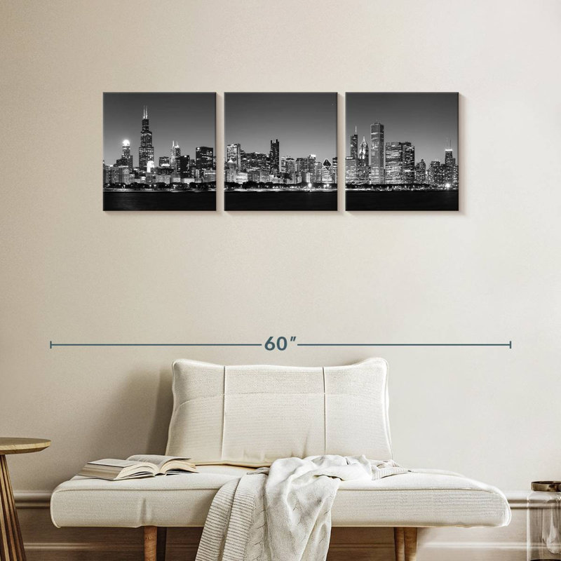 Noir Chicago Skyline, 3 pièces, H 15 po x l 47 po x P 1,25 po