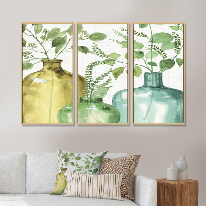 «Mixed Botanical Green Leaves», ensemble d'art mural sur toile encadré de campagne, H 32 po x l 48 po
