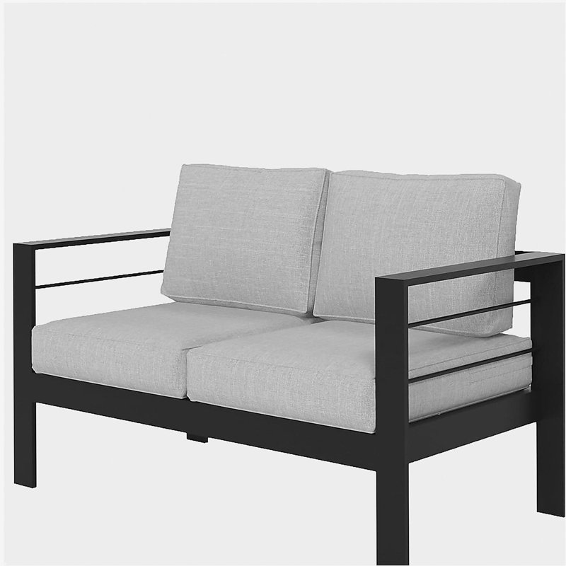 50" All-Weather Aluminum Patio Loveseat with Thick Light Gray Cushions & Black Frame, Black/Gray