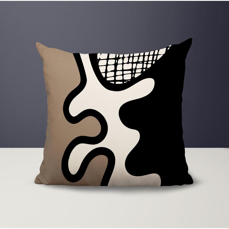 Oreiller carré réversible intérieur / extérieur Vido, H 15 po x l 15 po, Beige / noir / blanc cassé abstrait