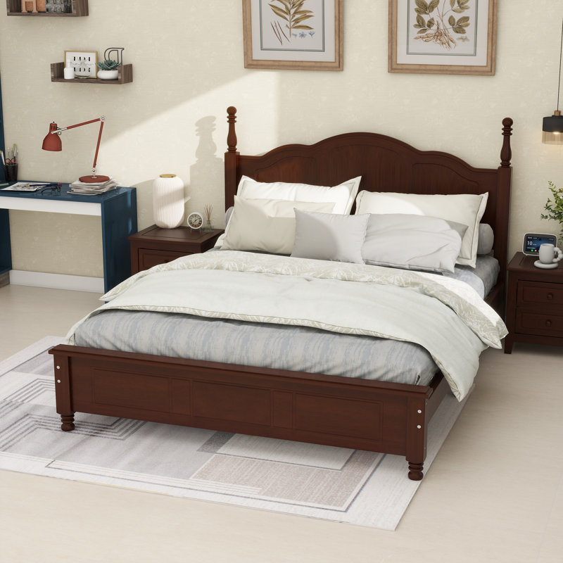 Cadre de lit plateforme en bois, lit plateforme de style rétro avec support en lattes de bois,, Noyer, Grand lit