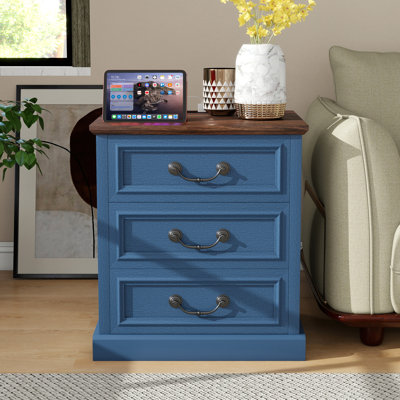 End Table With Charging Station, Farmhouse Nightstand With 3 Drawers & USB Ports, Solid Wood Entryway Table With Smiling Handle