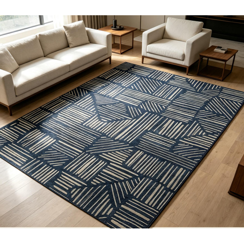 Tapis géométrique abstrait moderne lavable à la machine, tapis doux antidérapant à poils courts, Bleu, 6 * 9 pi