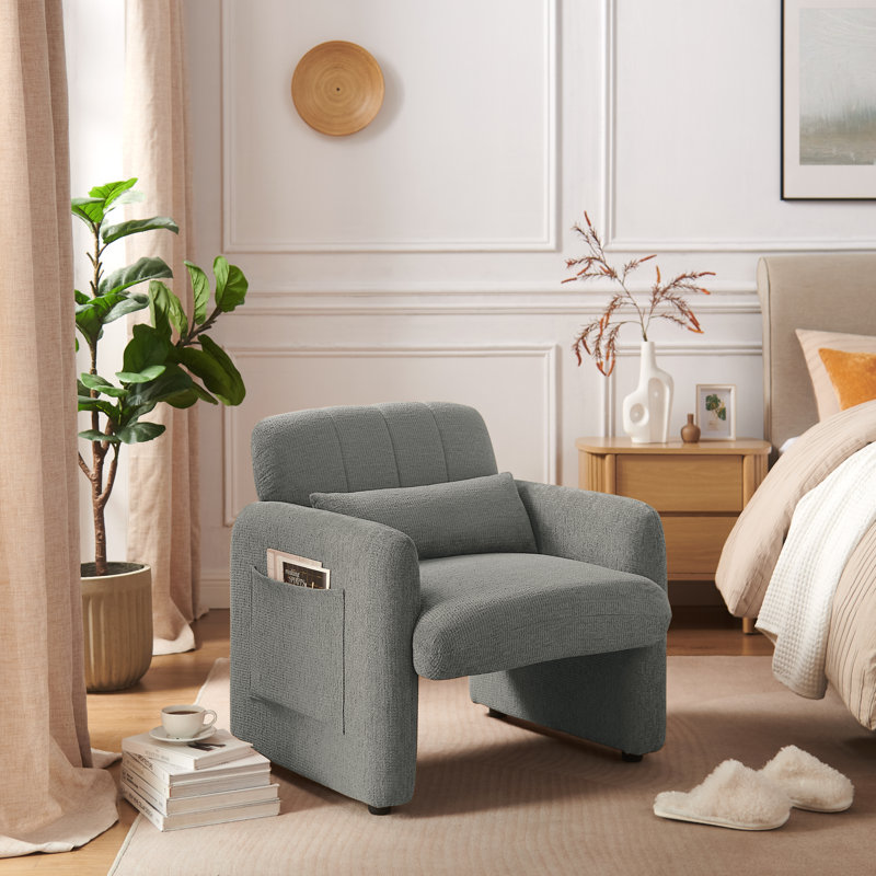 Chenille Upholstered Mordern Design Accent Armchair with Pillow, Gray Chenille
