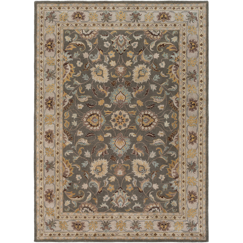 Tapis floral gris anthracite / beige clair / jaune en laine touffetée fabriqué à la main Arden, Rectangle 9 pi x 12 pi