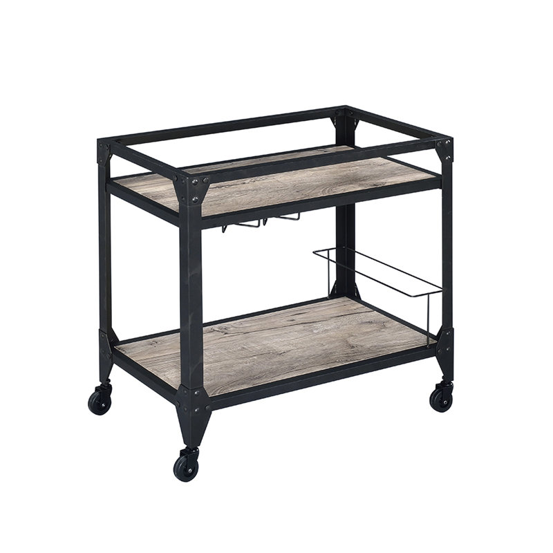Chariot de service de style industriel avec deux tablettes, un porte-bouteilles de vin et un support à verres à pied à 2 tablettes Easy Rustic