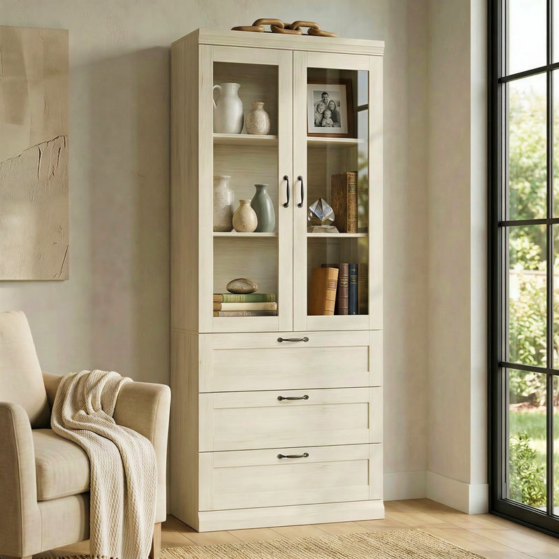 2-Door 3-Drawer Natural Display Cabinet With Tempered Glass Doors
