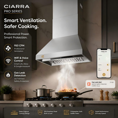 CIARRA Professional Series 36-Inch Wall Mount Range Hood with Gas Leak Detection, 950 CFM Convertible Kitchen Vent Hood, Smart Wi-Fi & Voice Control, Commercial-Grade 304 Stainless Steel, 4-Speed Fan, LED Lights