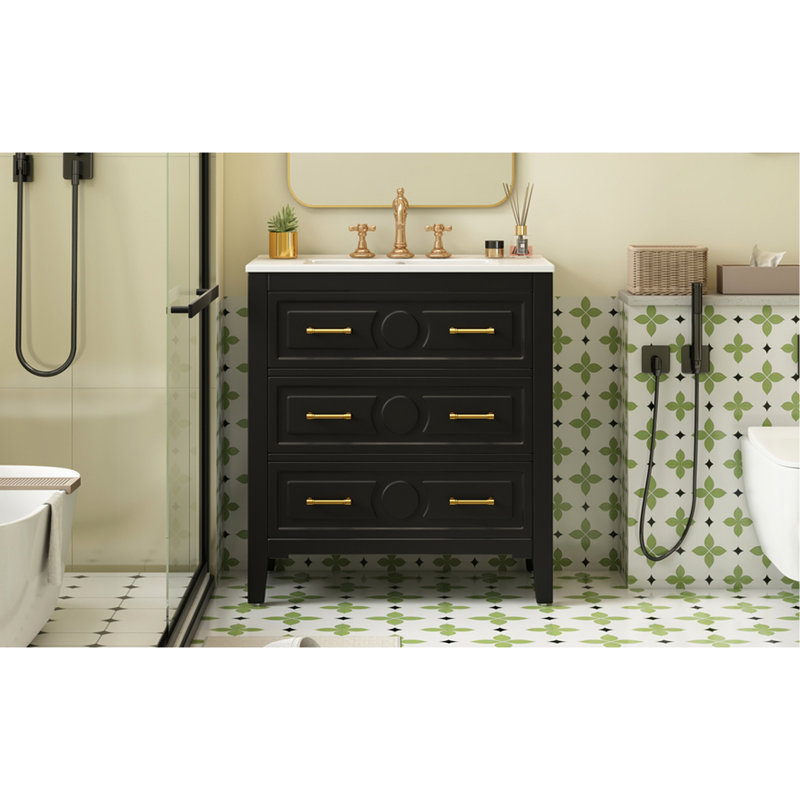 Meuble-lavabo de 30 po avec lavabo en céramique, 3 tiroirs, structure en bois massif, apparence classique, panneau de charnières à fermeture en douceur réglable, poignée en métal doré, lavabo de style rétro
