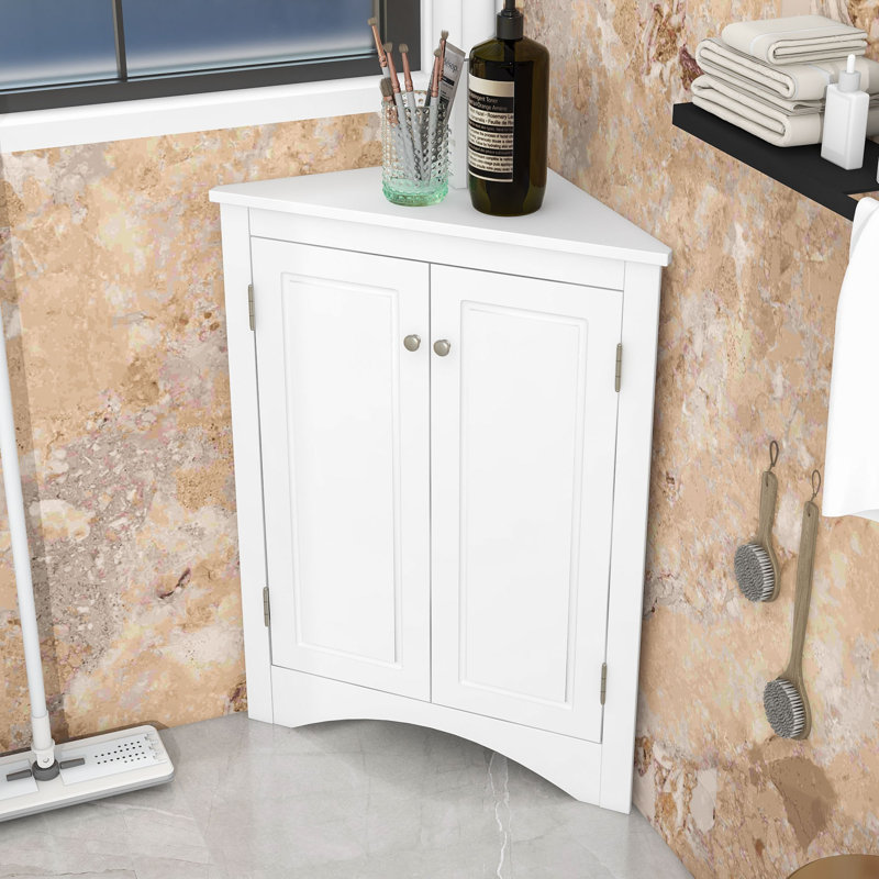 Freestanding Wooden Corner Bathroom Storage Cabinet with Door and Adjustable Shelves, White