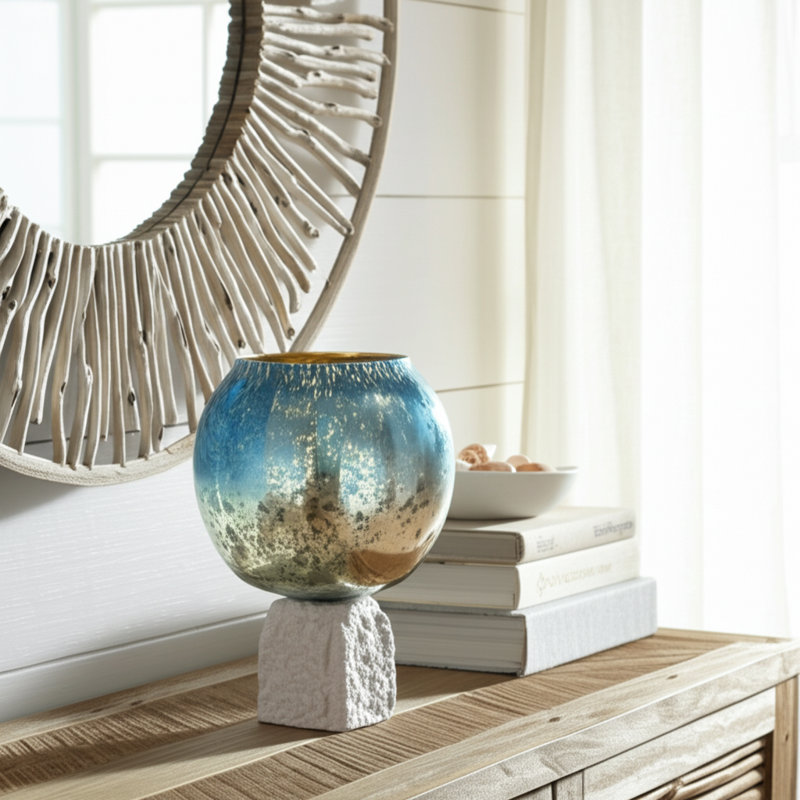 Modern Glas Bowl Candle Holder with Marble Base - Decorative Pillar Candlestick Holder for Dining Tabletop or Home Decor - Blue & White