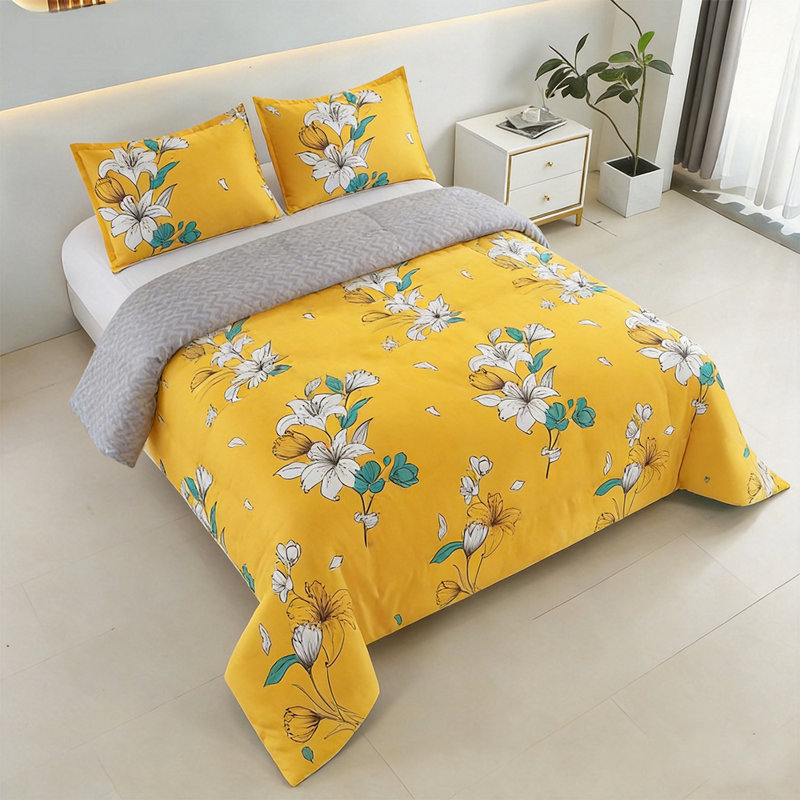 Ensemble d'édredon réversible 2 pièces jaune moutarde à motif floral, ensemble de literie à motif de fleur de lys, édredon en microfibre douce et légère avec 1 taie d'oreiller, literie confortable et respirante pour toutes les saisons