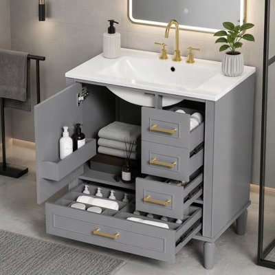 Meuble-lavabo de salle de bain avec lavabo en céramique, porte à fermeture en douceur avec tablette intégrée, tiroir profond, tiroir standard, grand tiroir diviseur, grande armoire de rangement