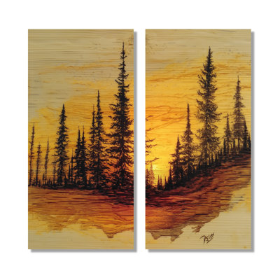 «Winter Sunset In Alaska Forest», reproduction d'art sur toile, décor de paysage noir 2 pièces