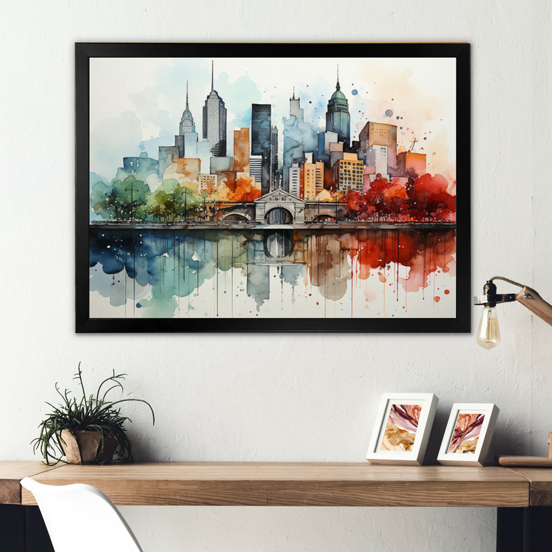 Colourful Nyc Cityscape Watercolor I - New York City Canvas Prints, H 30 po x l 40 po x P 1,5 po, Cadre simple noir