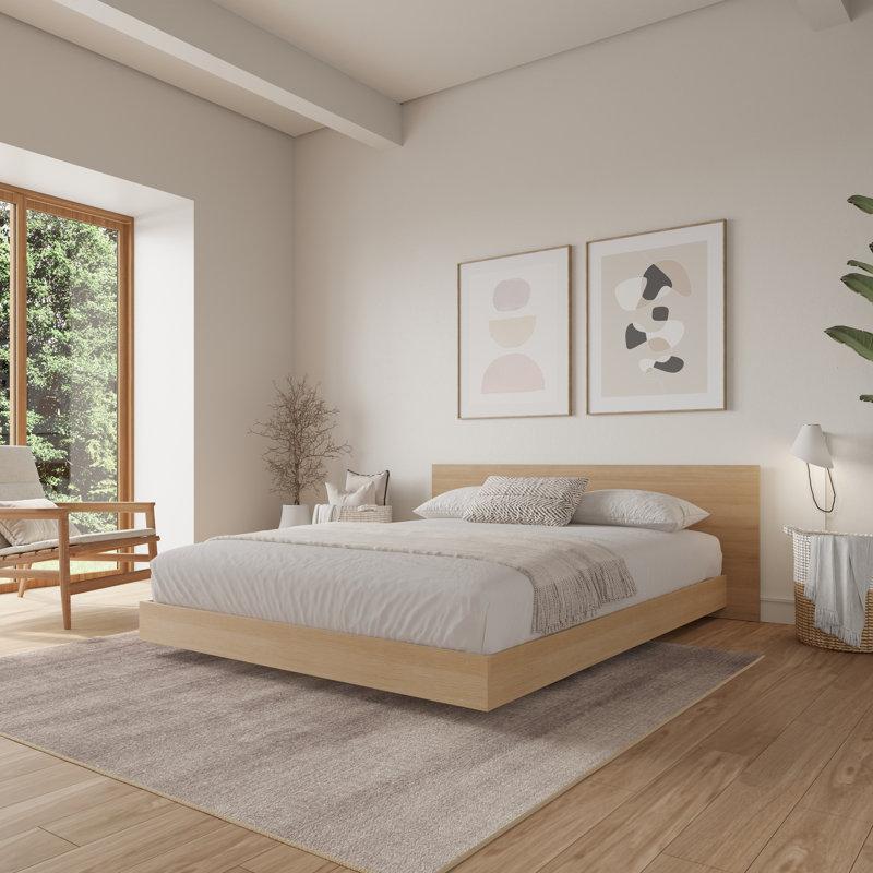 Grand lit plateforme avec tête de lit Satori, chêne blond naturel, Beige, Grand lit