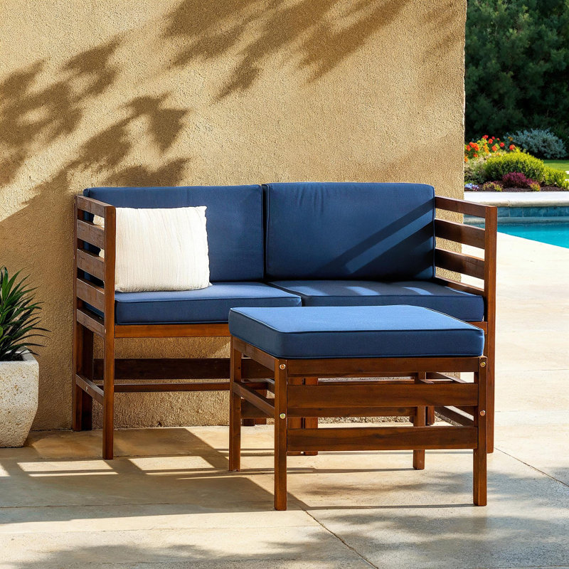 Acacia Patio Sofa with Cushions and Ottoman, Dark Brown, Navy Blue