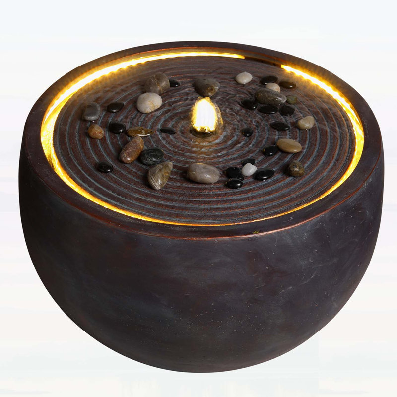 Fontaine à eau ronde moderne avec design ondulé et éclairage DEL pour patio et jardin, Blue Gray