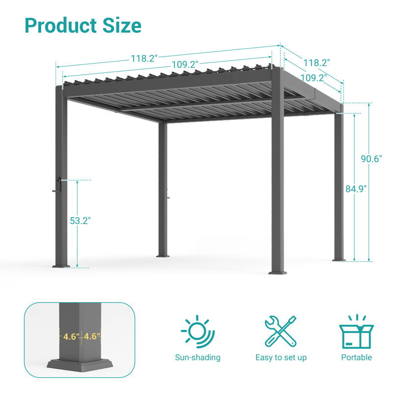 Outdoor Patio Adjustable Aluminum Pergola with Louvers, Rust-Free and Modern Design, 10 ft × 10 ft