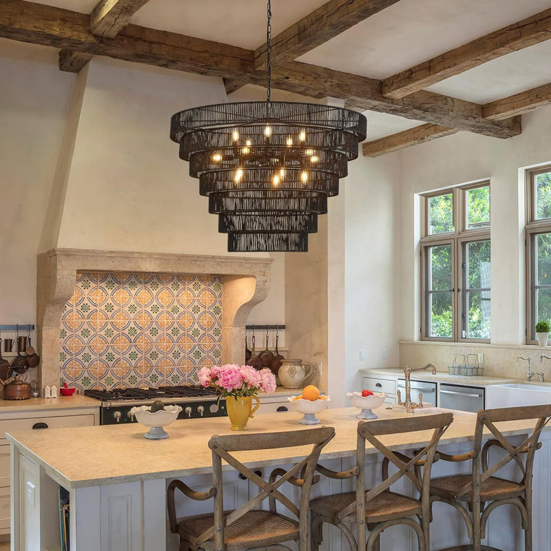 Large Rattan Chandelier With 15-Lights, Hand-Woven Bamboo Design, Vintage Farmhouse Style, Rustic Drum Wicker Light Fixture For Dining Room, Living Room, Kitchen Island, E12 Base