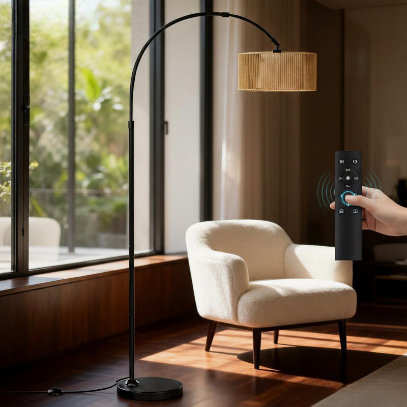 Floor Lamps With Remote Control For Living Room, Arc Floor Lamp With Remote & Dimmable Bulb, Boho Rattan Standing Lamp With 3 Color Temperatures, Height Adjustable Tall Lamp For Bedroom, Over Couch Reading Lamp