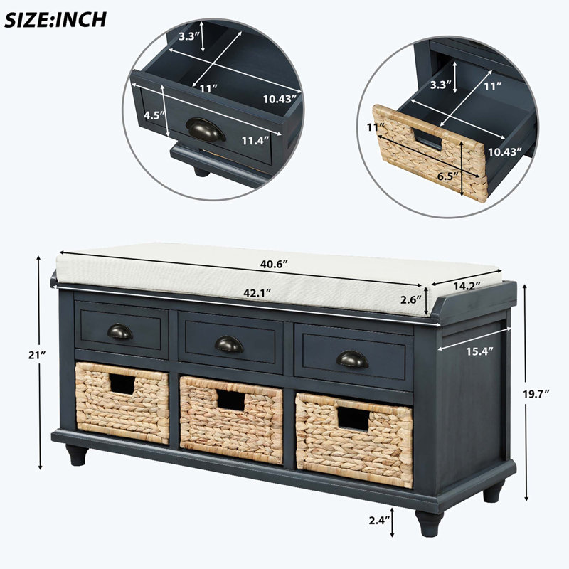 42" Wide Shoe Storage Bench with Cushion Entryway Bench with 3 Drawers and 3 Rattan Baskets, Antique Navy