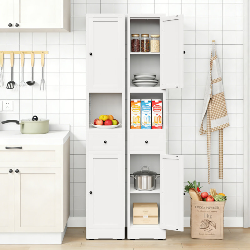 Armoire de rangement pour salle de bain de 71 pouces de hauteur, armoire étroite en métal à 5 niveaux avec 2 portes et tablettes réglables, armoire autoportante pour économiser de l'espace dans la cuisine, la salle de lavage, le garde-manger, blanc