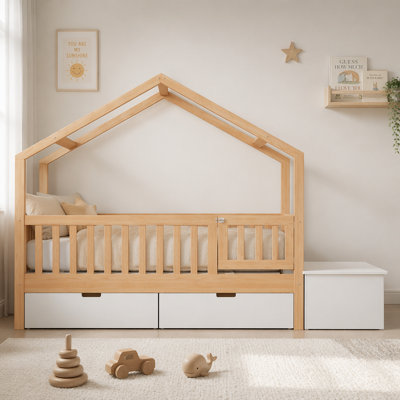 Toddler Bed with Storage Drawers  Lift-Top Chest, Solid Wood Bed with Safety Railings  Gate