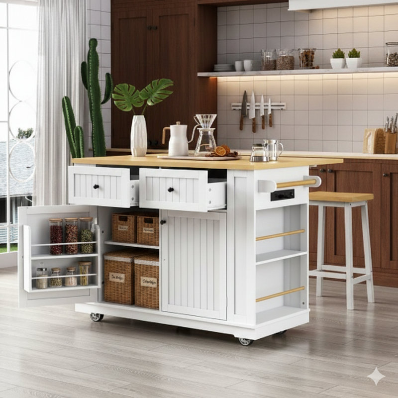 48-Inch Large Rolling Kitchen Island with Drop-Leaf Counter, Power Outlet, Internal Storage Compartment, 5 Casters, and 5 Open Side Shelves – White Finish, Two Box Delivery (Stools Not Included)