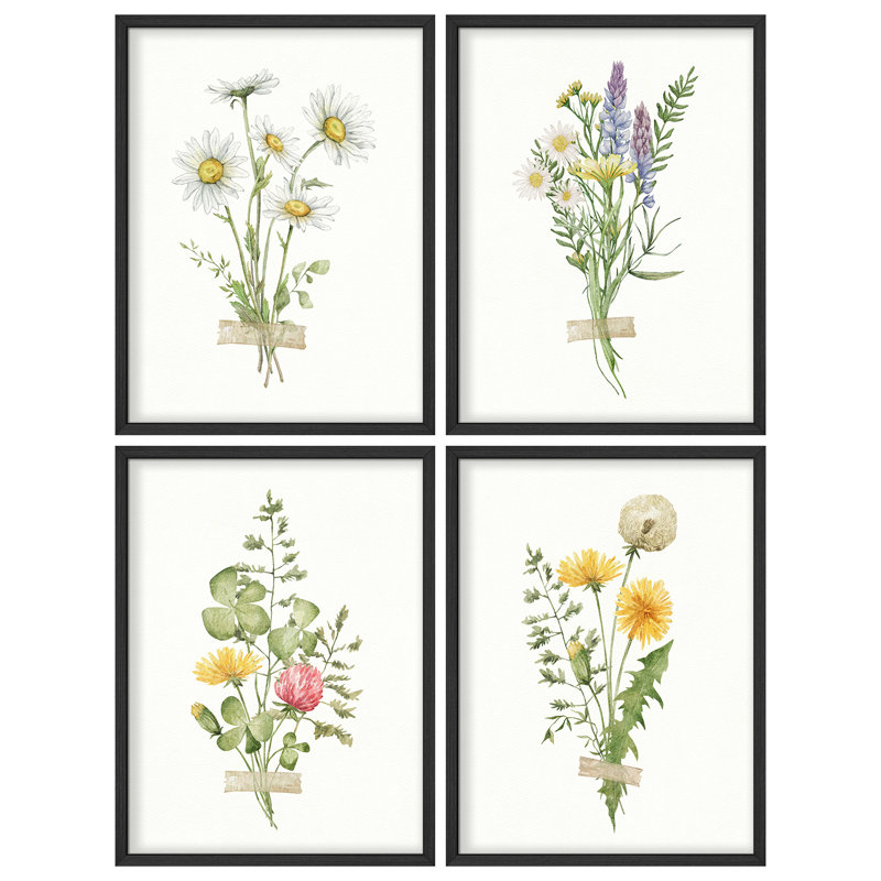 «Faux tape Wildflowers Modern Artwork, impressions encadrées, affiches, petit art mural de salle de bain», 4 pièces, Naturel
