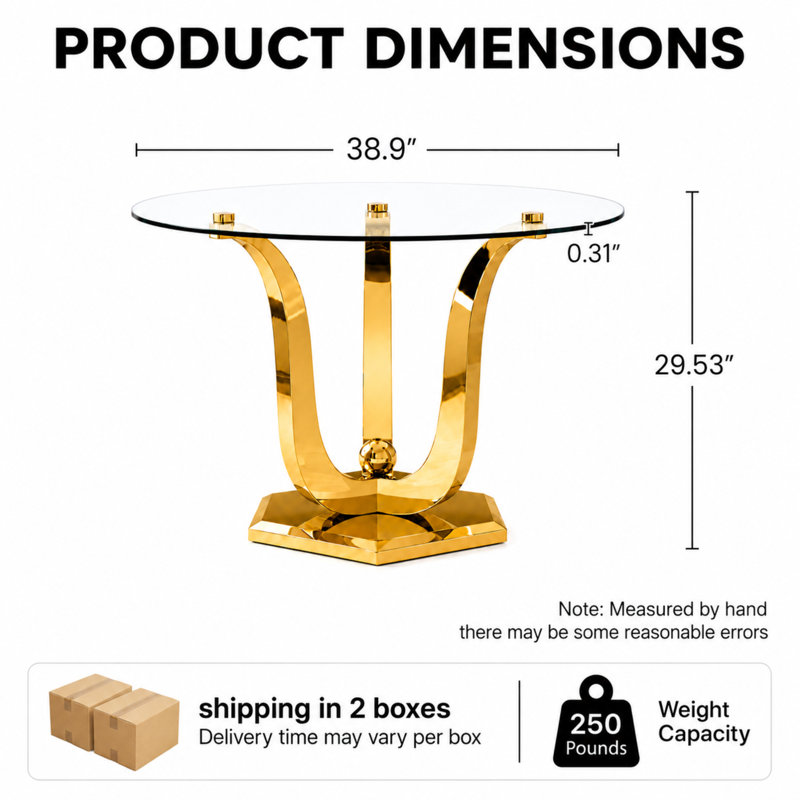 38.9" Round Glass Dining Table for 2-4, 0.31" Thick Glass Dining Table, Modern Round Dining Table with Stainless Steel Base