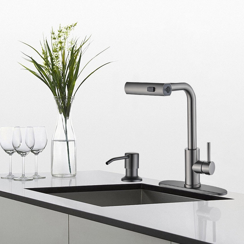 Modern Stainless Steel Single-Lever Kitchen Faucet With Pull-Down Nozzle With Soap Dispenser, Gun Gray