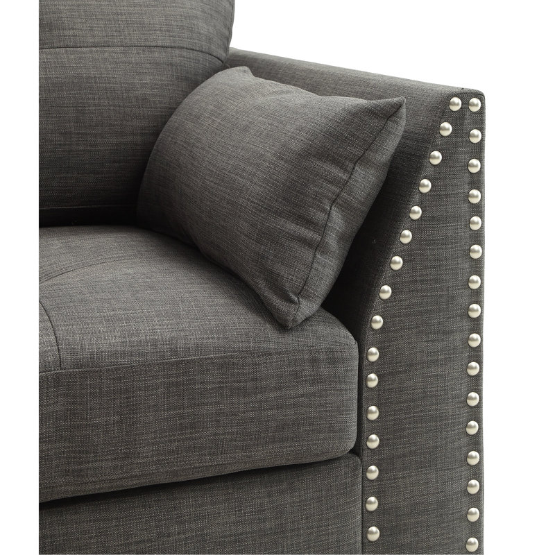 Chaise avec accoudoirs en lin gris avec 3 coussins - Design sans bouton, base garnie de têtes de clou, siège à ressorts ensachés, siège gris anthracite avec 3 accoudoirs,