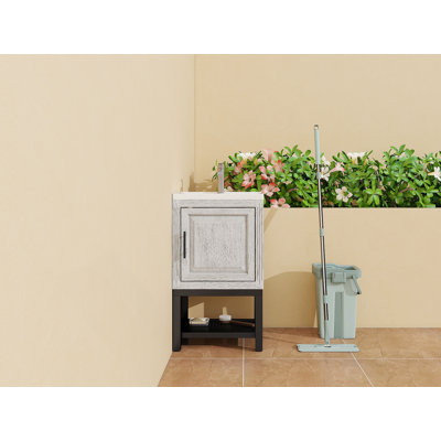 Petit meuble-lavabo de 20 po avec lavabo et robinet d'eau chaude et froide, armoire de salle de bain autoportante avec lavabo en céramique blanche, rangement pour salle de bain avec 1 porte et tablette ouverte en fer
