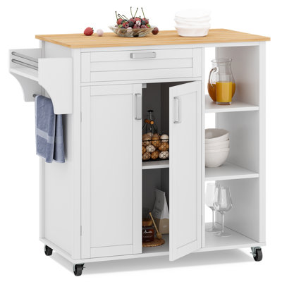 34.83" Wide Rolling Kitchen Island With Wood Top