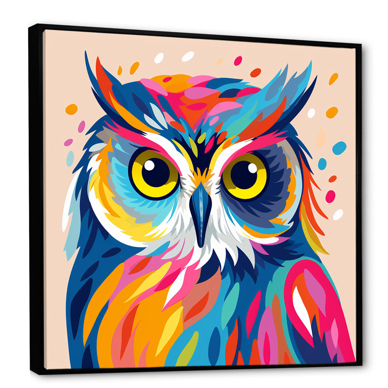 Chouette colorée Popart Watchers II - hibou, art mural animal, Cadre flottant noir, H 36 po x l 36 po x P 1,5 po