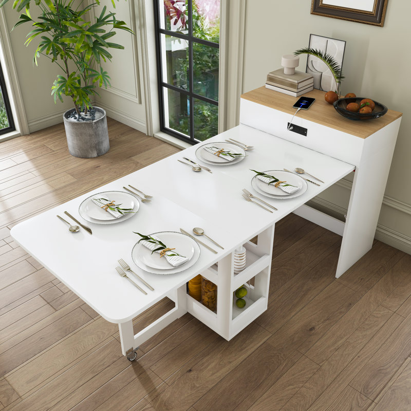 Îlot de cuisine l 73,6 po avec table de salle à manger extensible et prise de courant, Blanc