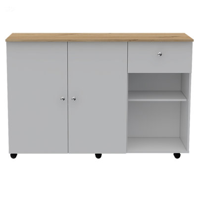 Îlot de cuisine moderne à 2 tiroirs et 2 tablettes avec finition blanche et pin, parfait pour les petits espaces et le rangement amélioré