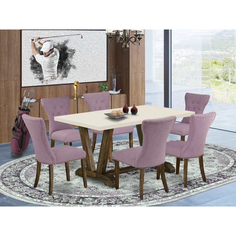 Ensemble de table moderne 7 pièces comprenant une table rectangulaire en lin blanc et 6 chaises de salle à manger en lin Dahlia - finition jacobine patinée
