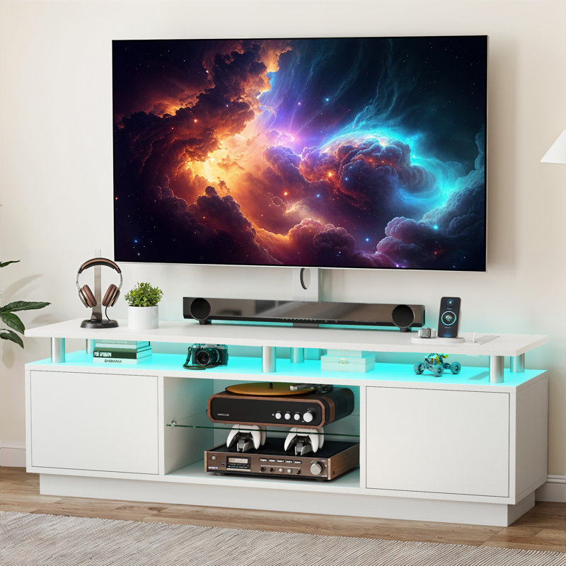 Meuble audio-vidéo à DEL Mairita avec support intégré et prises de courant, Blanc