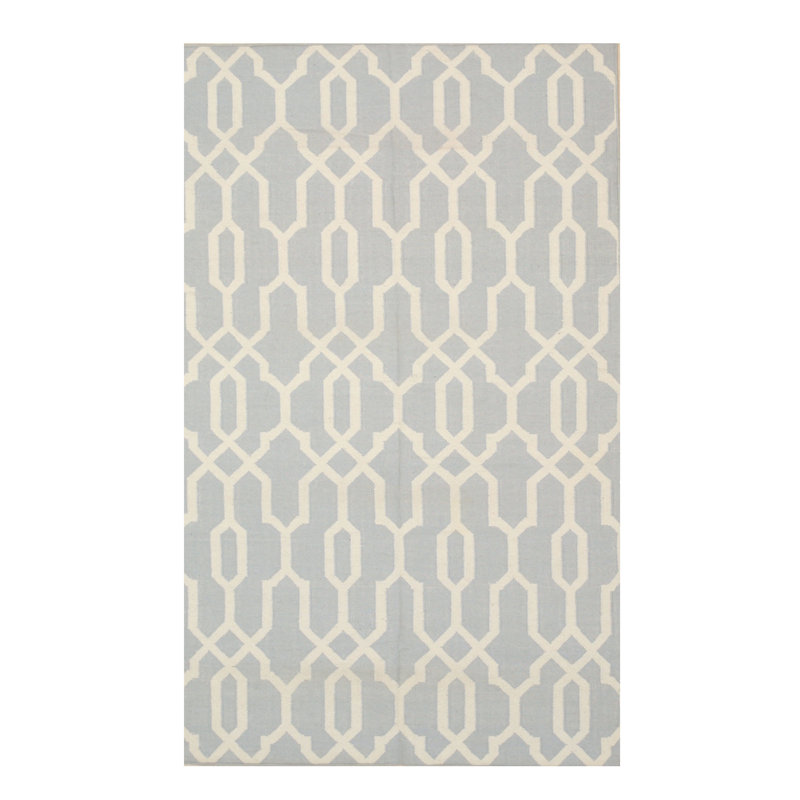 Tapis géométrique transitionnel en laine tissé à plat bleu Durrant, Rectangle de 5 pi x 8 pi