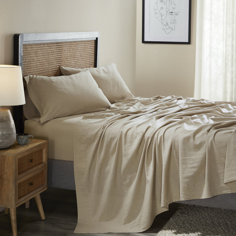 Orion Cotton Linen Blend Garment Washed Deep Pocket Bed Sheet Set, Tan, Twin XL Sheet 3pc Set