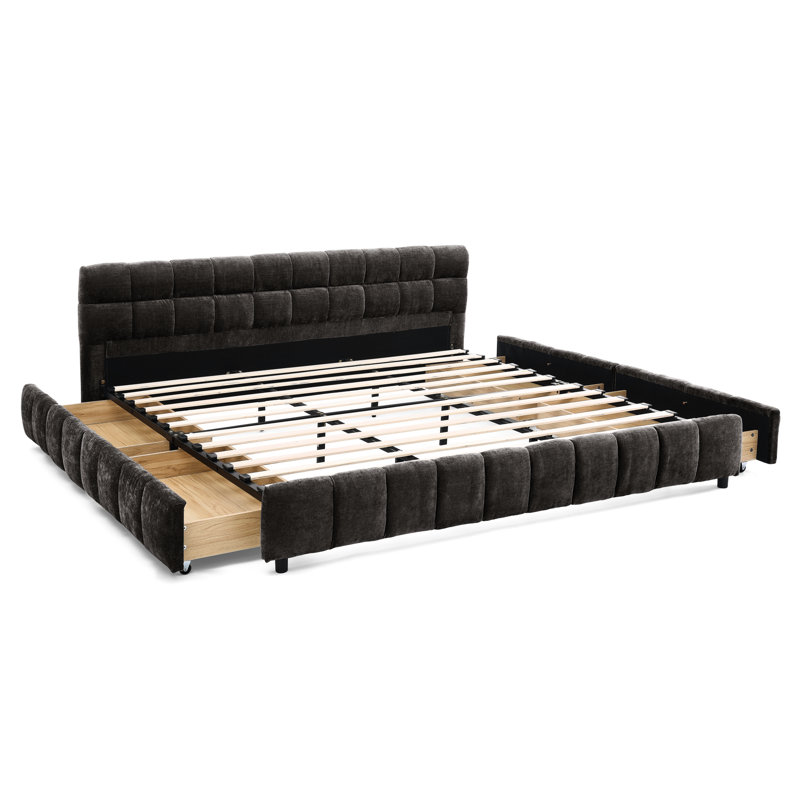 Lit plateforme très grand avec chenille et tiroir efficace - rangement rembourré gris foncé, Gris foncé