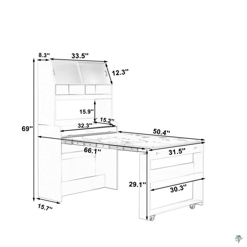 Buffet With Hutch And Foldable Dining Table, Multifunctional Cupboard With Storage Shelf And Side Hooks, Brown/White