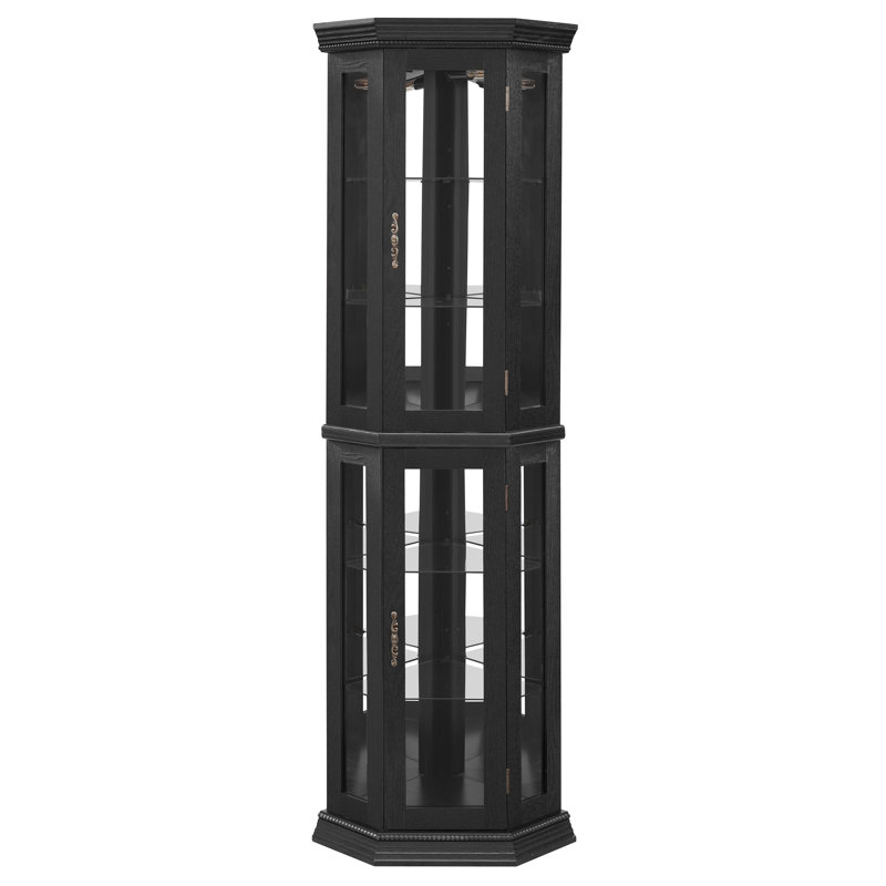 69.5" Lighted Glass Corner Curio Cabinet With Display And Adjustable Shelving, Black