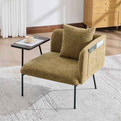 Fauteuil de loisirs, fauteuil de détente avec petite table et coussin de dossier, chaises rembourrées modernes avec pieds en métal et poches latérales, canapé simple pour le salon / la chambre / le jardin