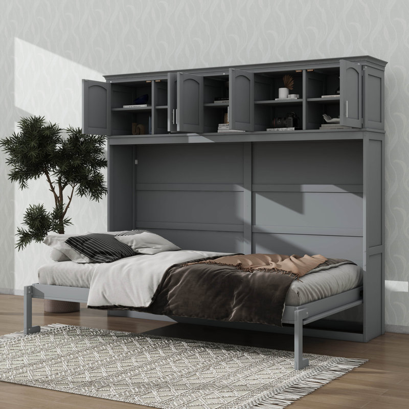 Lit escamotable en bois avec armoires supérieures, conception pliable peu encombrante, Double, Gris