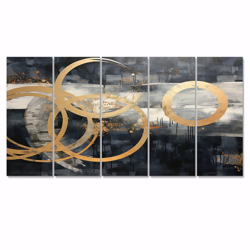 Anneaux dorés dans la nuit - art mural géométrique 5 pièces, H 28 po x l 60 po
