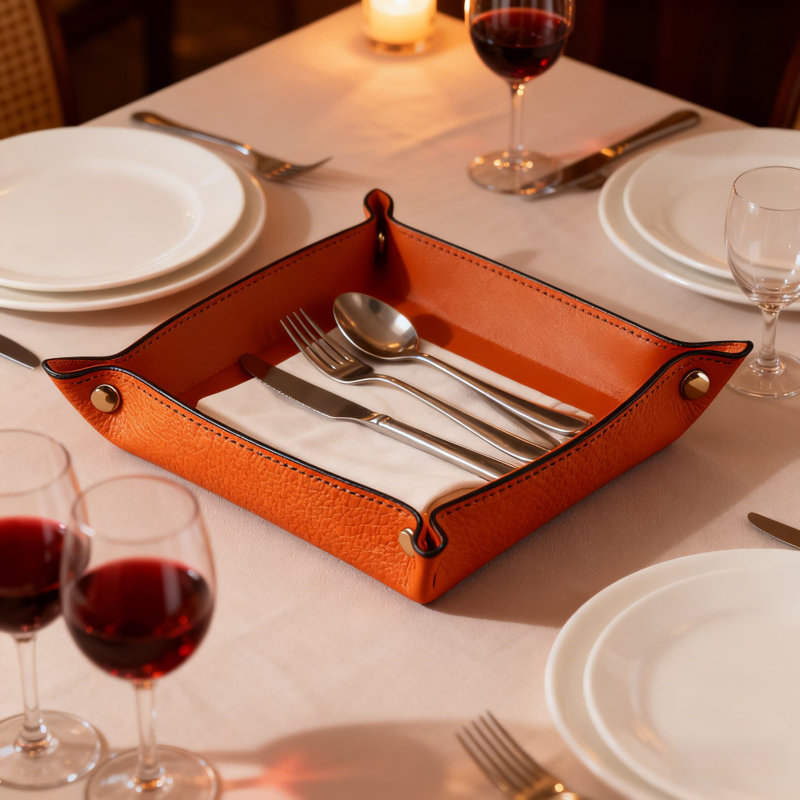 Lychee Pattern, Orange Square,Handmade Leather Tray For Jewelry And Watches, Waterproof And Scratch-Resistant Nordic Style Decorative Tray For Coffee Table, Snacks, Nuts, And Fruits Organization